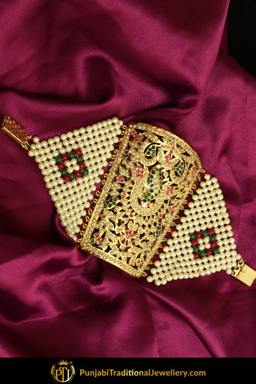 Gold Finished Emerald Rubby Jadau Bracelet | Punjabi Traditional Jewellery Exclusive